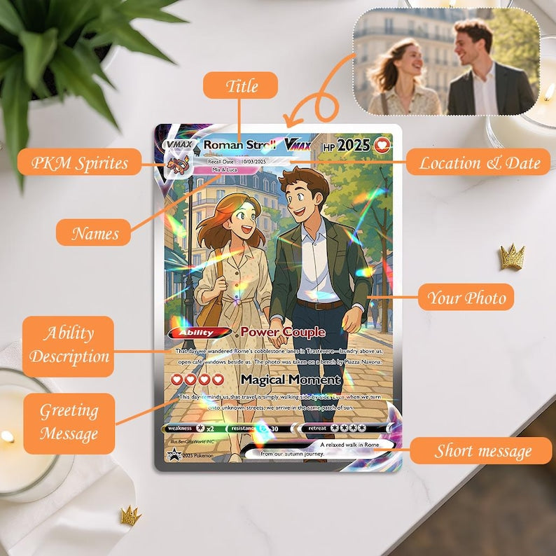 Personalized Pokemon Anime Anniversary Card, Custom Wedding Photo Keepsake, Romantic Couple Gift for Him or Her, Unique Love Card