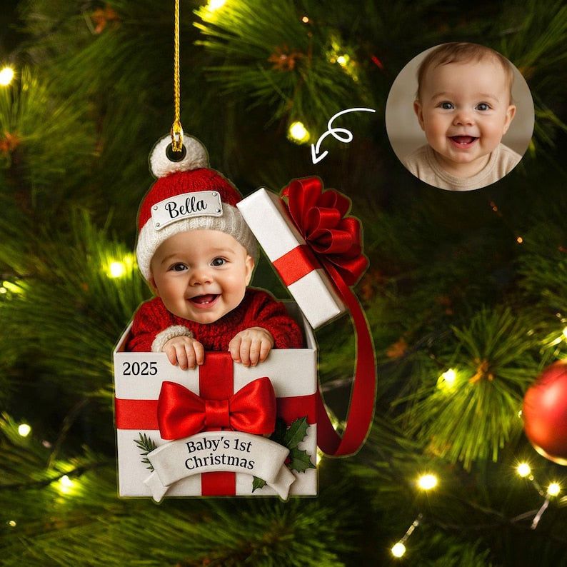 Baby Christmas Gift Box 2D Flat Acrylic Ornament, Personalized Baby Photo Christmas Ornament, Funny Newborn First Christmas Gift
