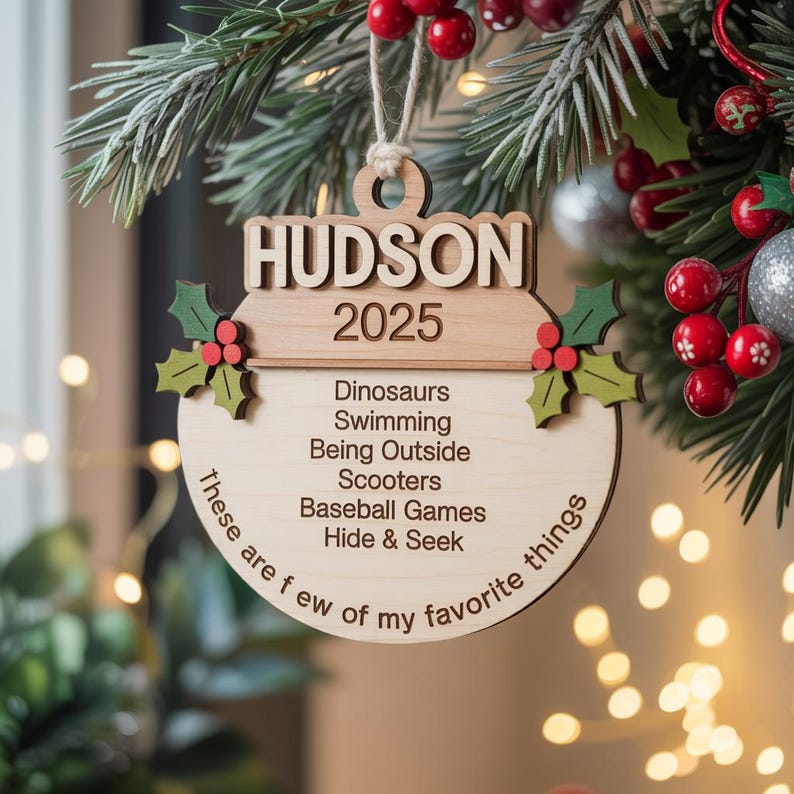 Personalized Favorite Things Ornament 2025, Custom Kids Ornament, Wooden Christmas Ornament, Holiday Keepsake Gift, Favorite Things Ornament