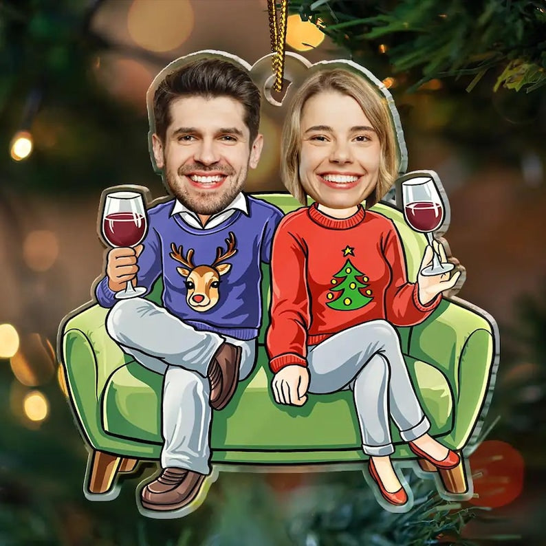 Personalized Couple Funny Elf Photo Ornament, Custom Funny Face For Husband Wife, Photo Gift For Christmas Anniversary Wedding Bachelorette