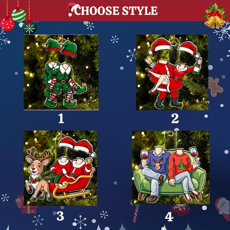 Personalized Couple Funny Elf Photo Ornament, Custom Funny Face For Husband Wife, Photo Gift For Christmas Anniversary Wedding Bachelorette