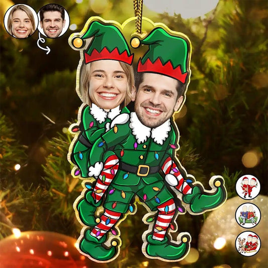 Personalized Couple Funny Elf Photo Ornament, Custom Funny Face For Husband Wife, Photo Gift For Christmas Anniversary Wedding Bachelorette