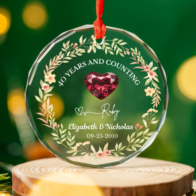 Personalized 40th Wedding Anniversary Glass Ornament, 40 Years Anniversary Gifts for Parents, Forty Wedding Gift, Ruby Anniversary Keepsake