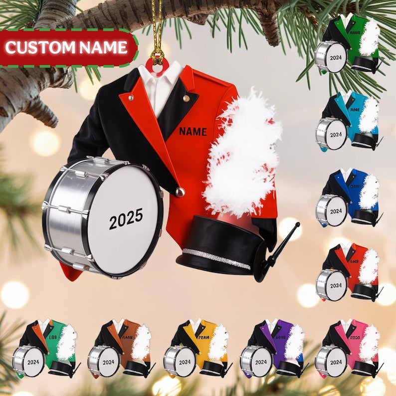 Personalized Marching Band Ornament 2025, Tree Hanging Decor, Flat 2D Acrylic, Custom Name & Drum Uniform Gift for Band Members