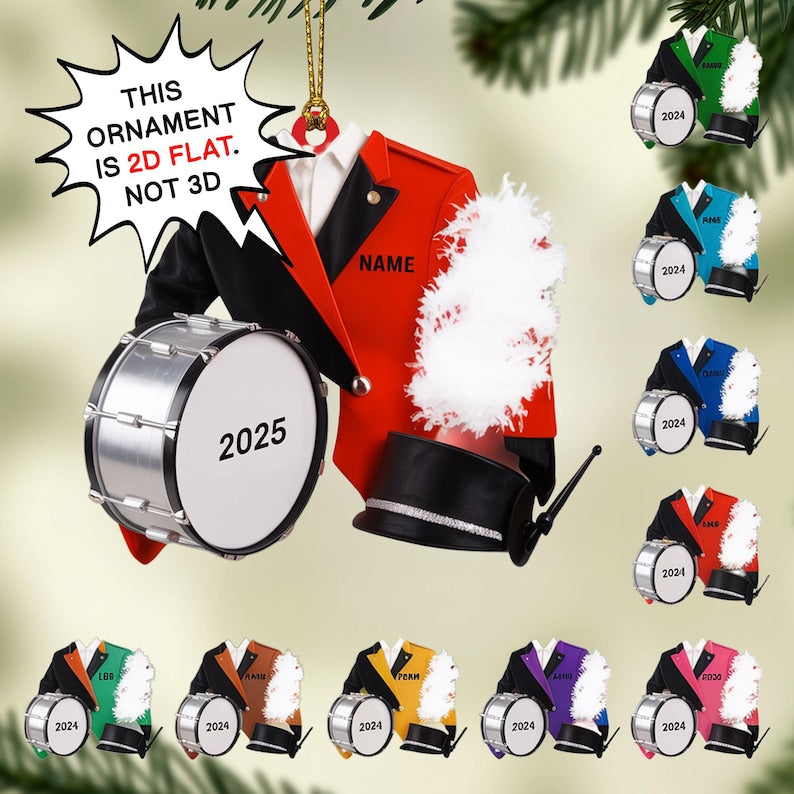 Personalized Marching Band Ornament 2025, Tree Hanging Decor, Flat 2D Acrylic, Custom Name & Drum Uniform Gift for Band Members