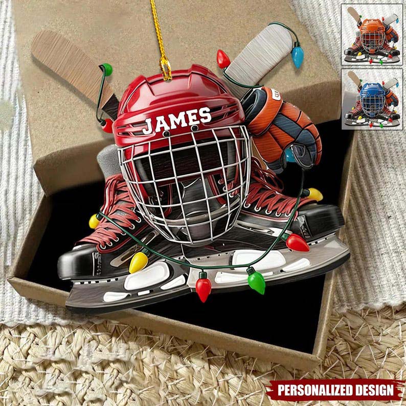 Personalized Hockey Ornament, Custom Name Helmet and Skates Christmas Ornament, Sports Holiday Keepsake Gift for Hockey Player, Fan or Coach