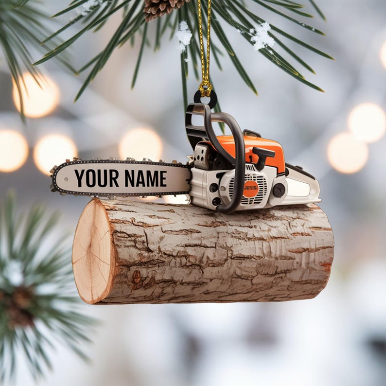 Personalized Chainsaw Ornament, Christmas Ornament, Tree Hanging Decor, Flat 2D Acrylic, Custom Gift for Lumberjacks, Woodworkers & Loggers