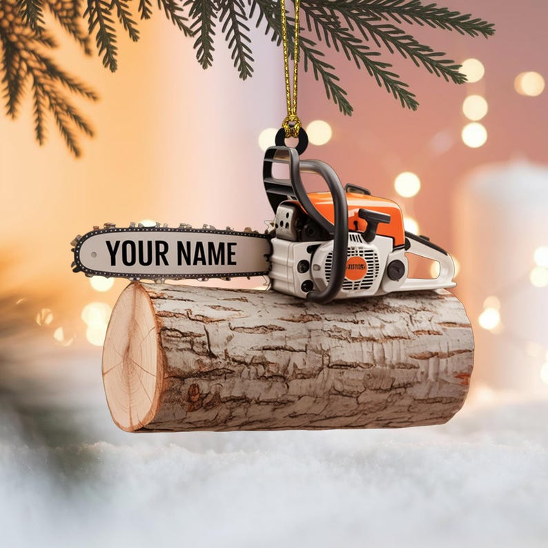 Personalized Chainsaw Ornament, Christmas Ornament, Tree Hanging Decor, Flat 2D Acrylic, Custom Gift for Lumberjacks, Woodworkers & Loggers