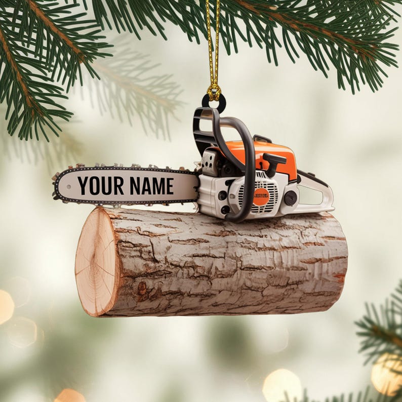 Personalized Chainsaw Ornament, Christmas Ornament, Tree Hanging Decor, Flat 2D Acrylic, Custom Gift for Lumberjacks, Woodworkers & Loggers
