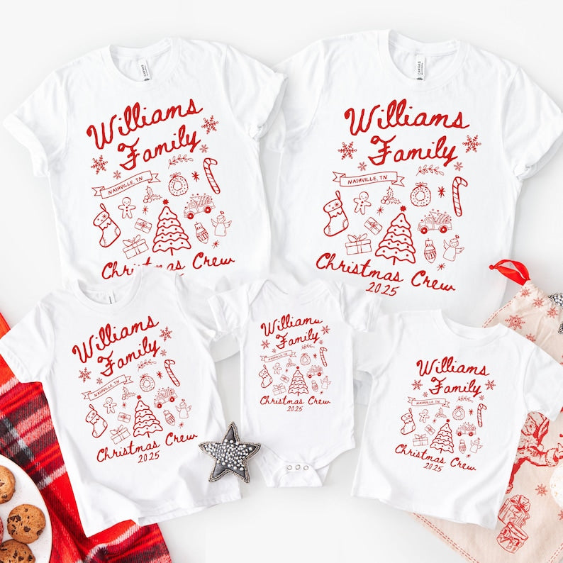 Custom Family Christmas Shirt Matching Holiday Doodle Xmas Tee Personalized Name Christmas Tshirt Christmas Crew Squad Santa Youth Baby