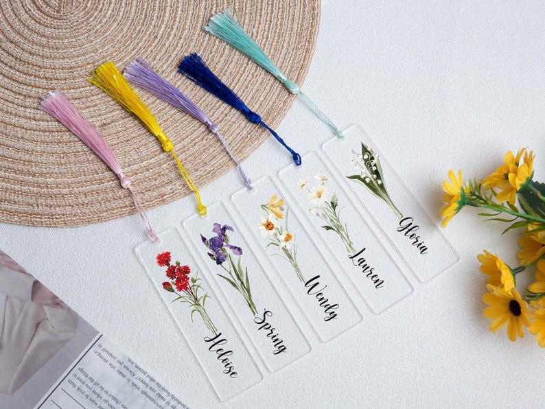 Custom Birth Flower Bookmark, Acrylic Bookmark Gift,Bookmark with Tassel,Birthday Gifts,Floral Bookmarks for Women,Book Lover Gift