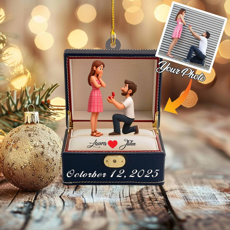 Personalized Engagement 2d Flat Ornament | First Christmas Engaged Acrylic Keepsake, Custom Proposal Photo Gift for Couples, Wedding Decoration
