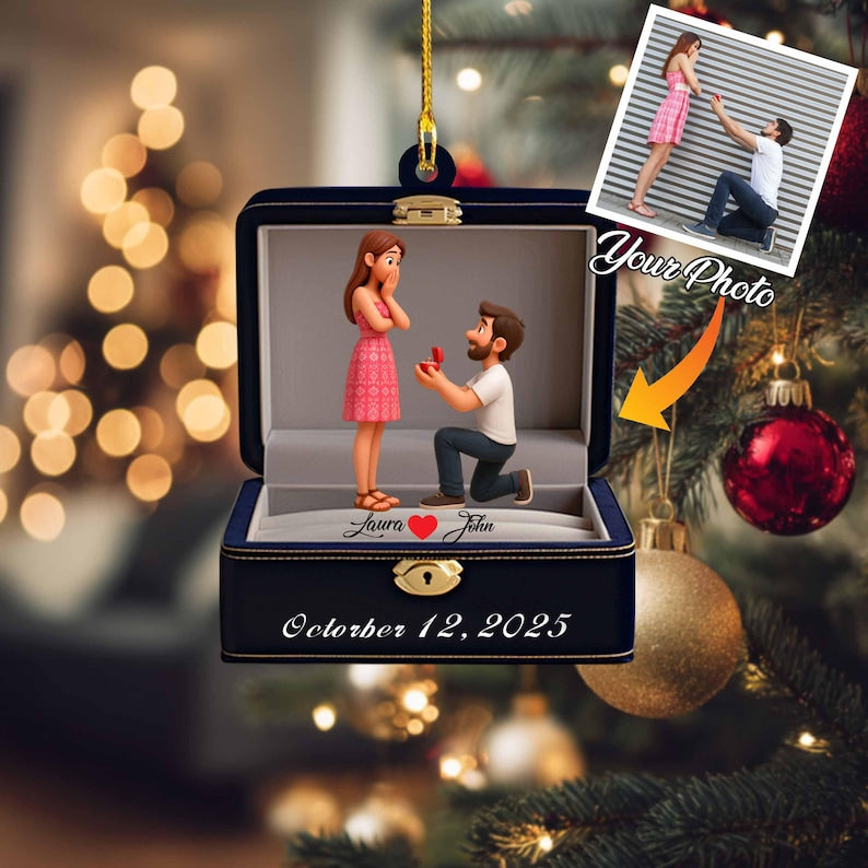 Personalized Engagement 2d Flat Ornament | First Christmas Engaged Acrylic Keepsake, Custom Proposal Photo Gift for Couples, Wedding Decoration