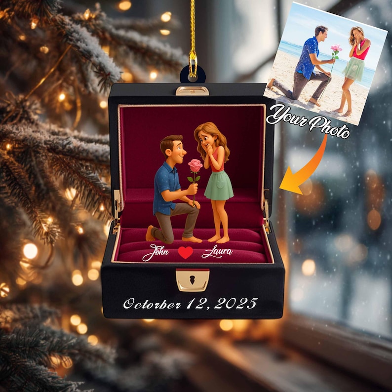 Personalized Engagement 2d Flat Ornament | First Christmas Engaged Acrylic Keepsake, Custom Proposal Photo Gift for Couples, Wedding Decoration