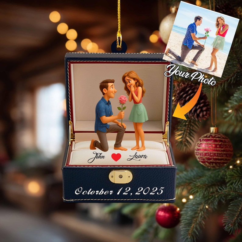 Personalized Engagement 2d Flat Ornament | First Christmas Engaged Acrylic Keepsake, Custom Proposal Photo Gift for Couples, Wedding Decoration