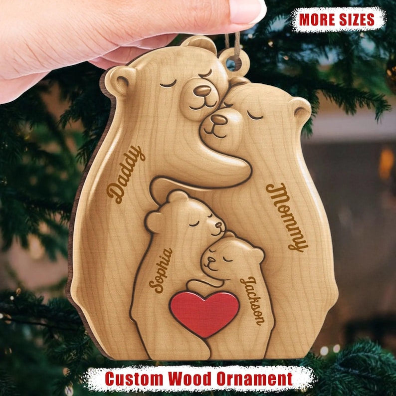 Personalized Wooden Bear Family Ornamnet,Custom Family Member Name Ornament,Christmas Gifts for Family Members, Family Holiday Keepsake Gift