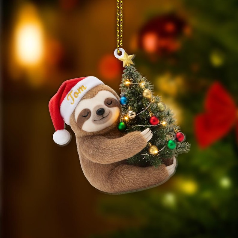 Personalized Sloth Christmas Ornament: Santa Hat & Tree