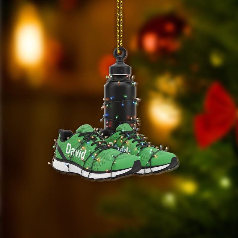 Personalized Running Shoes Christmas Ornament Custom Name Fitness Gift with Water Bottle