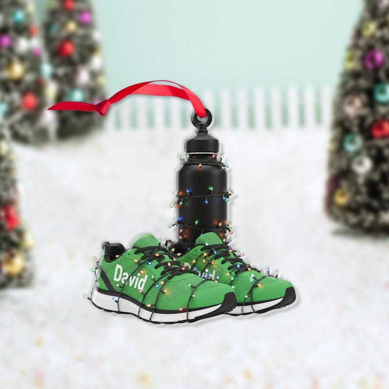 Personalized Running Shoes Christmas Ornament Custom Name Fitness Gift with Water Bottle