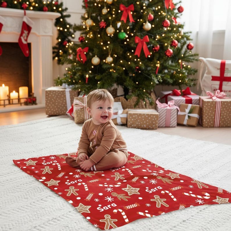 Custom Name Xmas Blanket - Personalised Gingerbread Biscuit Sweets Cane Soft Throw Blanket, Home Decor Christmas Gift for Kid Family Friend