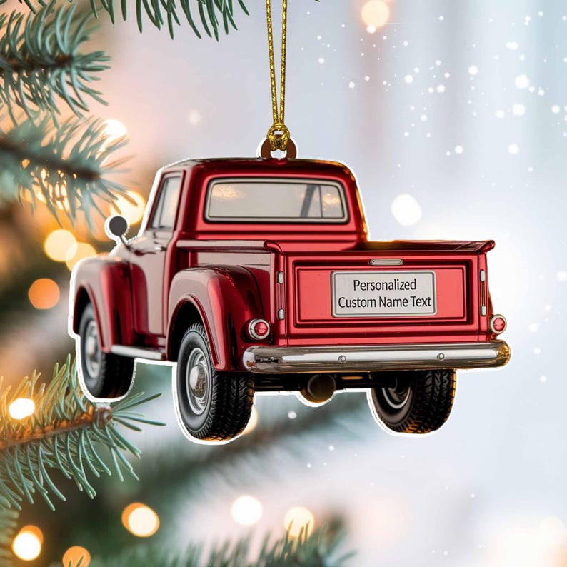 Custom Red Truck Christmas Ornament, Tree Hanging Decor, Personalized Gift for Car Lovers, Pickup Enthusiasts, Holiday Keepsake