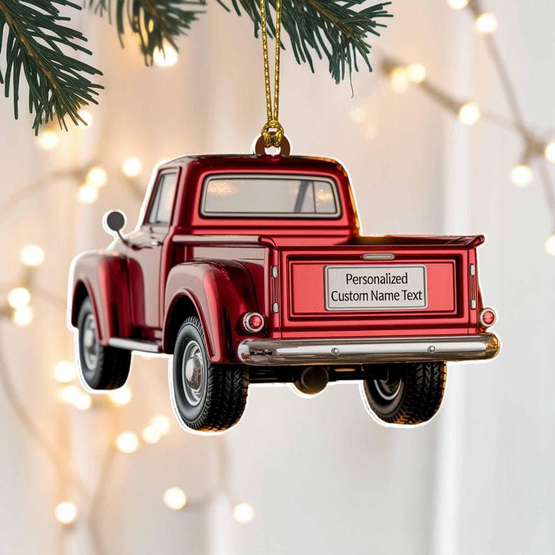 Custom Red Truck Christmas Ornament, Tree Hanging Decor, Personalized Gift for Car Lovers, Pickup Enthusiasts, Holiday Keepsake