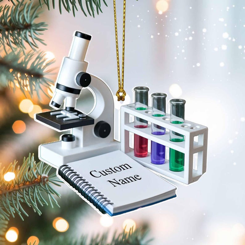 Custom Microscope Flat 2D Acrylic Christmas Ornament Tree Hanging Decor Personalized Science Ornament Gift for Scientists and Lab Lovers