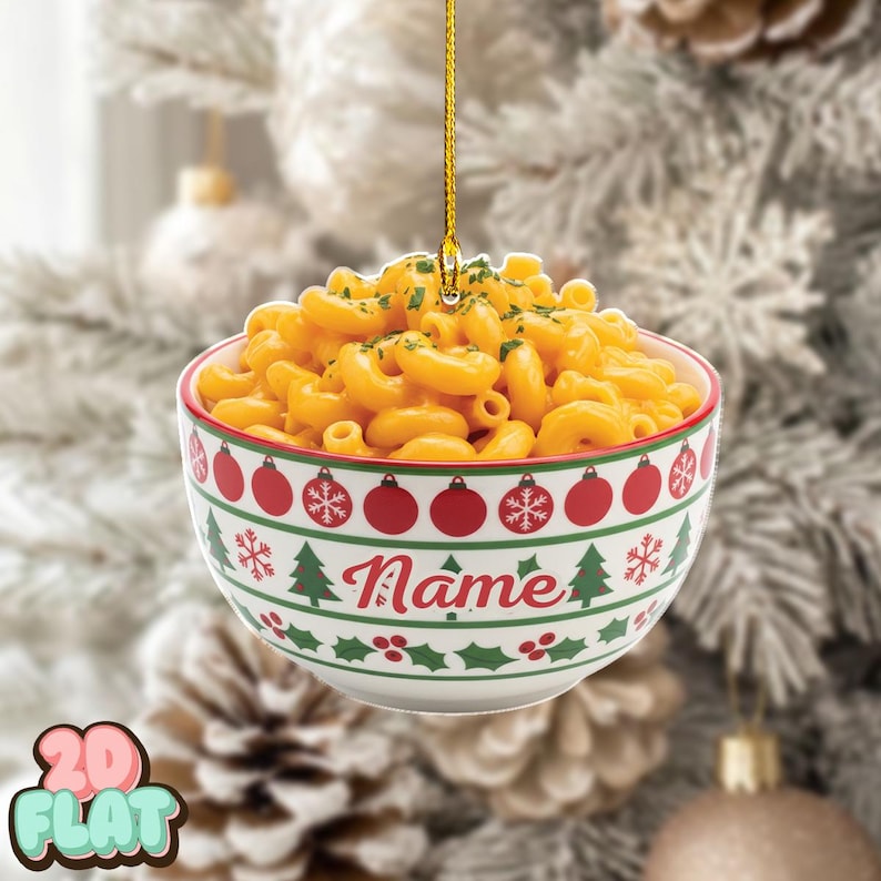 Personalized Mac and Cheese 2D FLAT Ornament, Custom Foodie Christmas Tree Decor, Funny Comfort Food Holiday Gift, Pasta Lover Keepsake