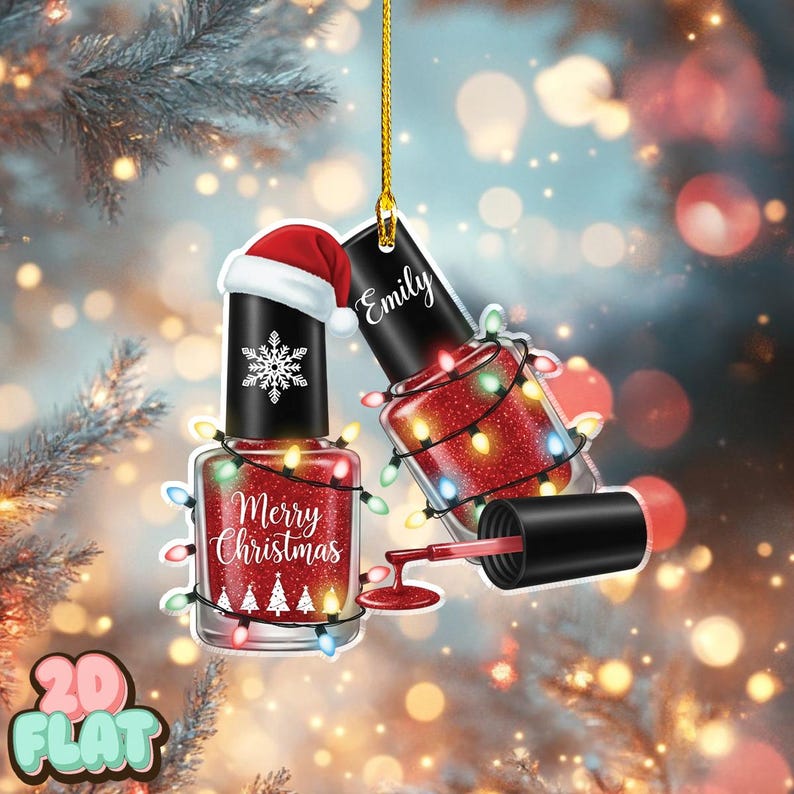 Personalized Nail Polish 2D FLAT Ornament, Custom Manicurist Christmas Tree Decor, Beauty Lover Holiday Gift, Funny Salon Nail Tech Keepsake