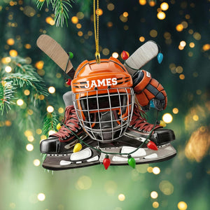 Personalized Hockey Ornament, Custom Name Helmet and Skates Christmas Ornament, Sports Holiday Keepsake Gift for Hockey Player, Fan or Coach