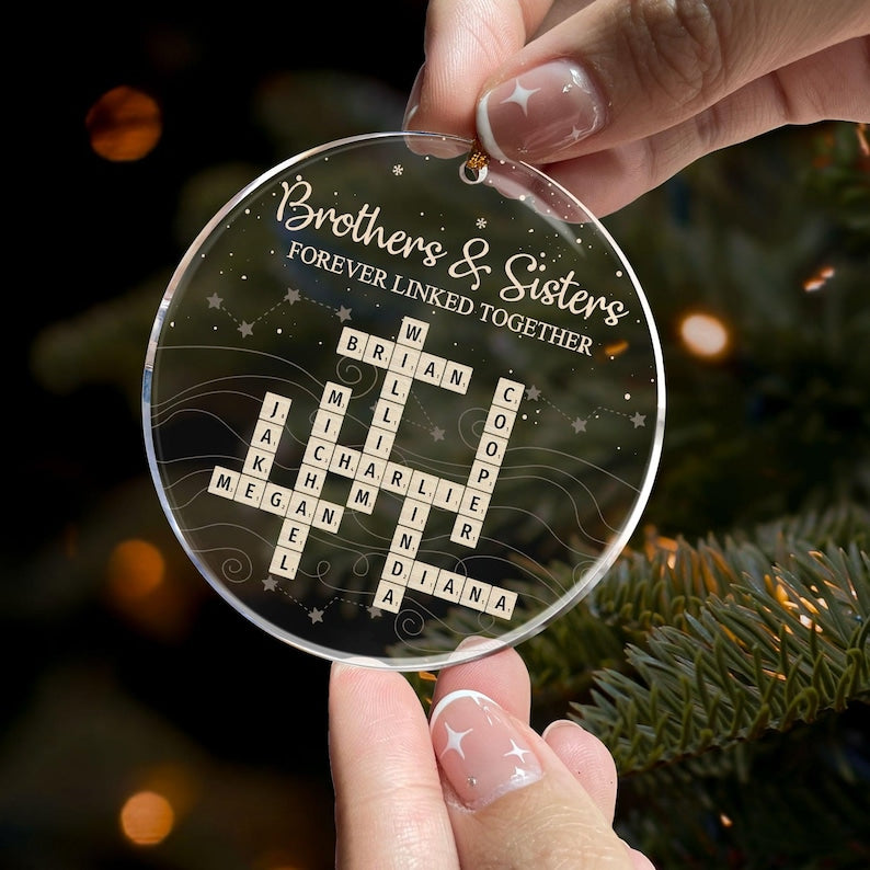 Brothers & Sisters Forever Linked Together Scrabble Ornament, Personalized Acrylic Ornament, Custom Crossword Ornament Names, Keepsake Gift