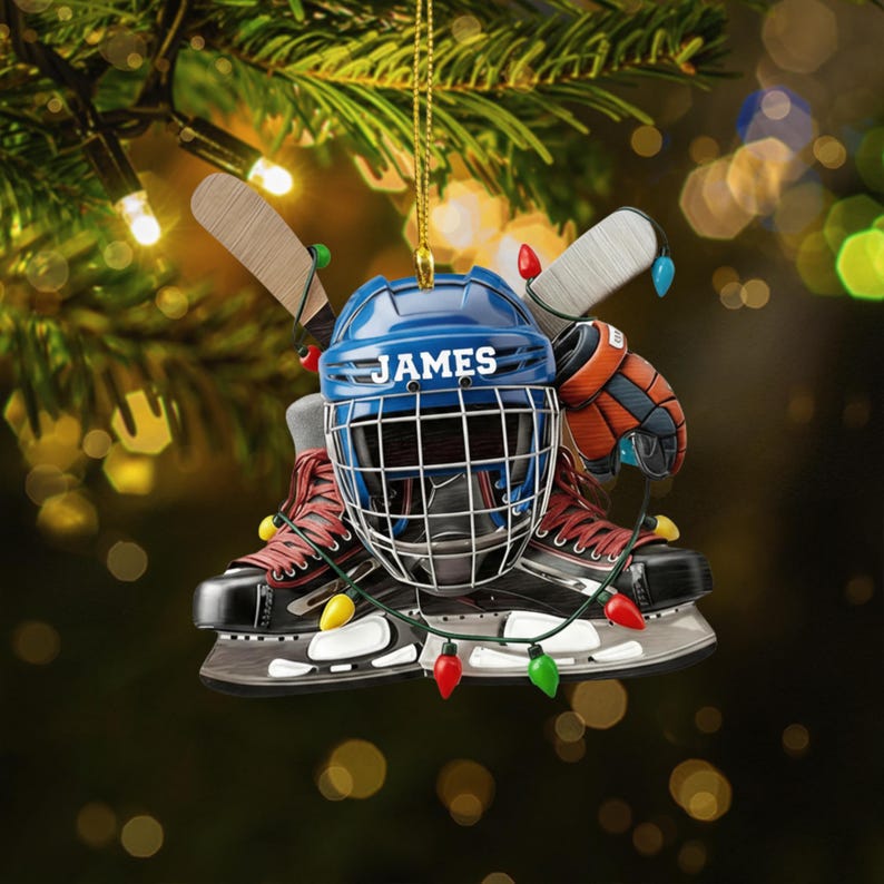 Personalized Hockey Ornament, Custom Name Helmet and Skates Christmas Ornament, Sports Holiday Keepsake Gift for Hockey Player, Fan or Coach
