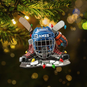 Personalized Hockey Ornament, Custom Name Helmet and Skates Christmas Ornament, Sports Holiday Keepsake Gift for Hockey Player, Fan or Coach