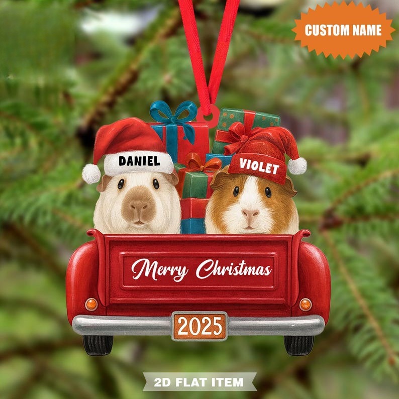 Custom Guinea Pig Christmas Ornament Personalized Name Red Truck Holiday Decoration with Gifts & Santa Hats, Cute 2025 Pet Lover Keepsake