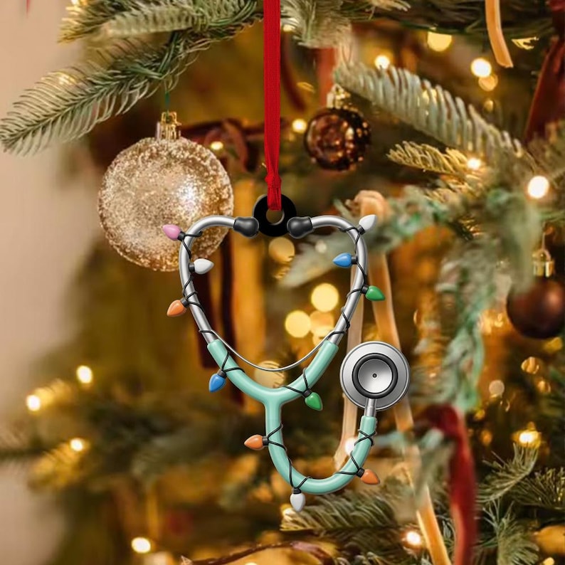 Stethoscope Ornament, Heart Shape Acrylic Xmas Tree Decor, Personalized Christmas Gift, Ideal Gift for Doctors Nurses Healthcare Worker