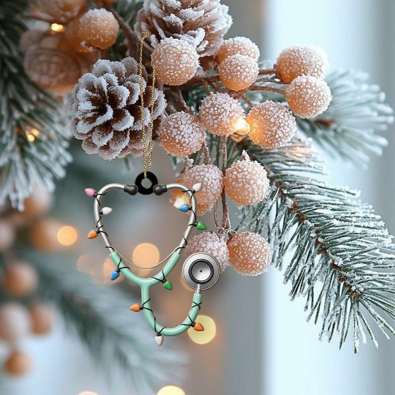 Stethoscope Ornament, Heart Shape Acrylic Xmas Tree Decor, Personalized Christmas Gift, Ideal Gift for Doctors Nurses Healthcare Worker