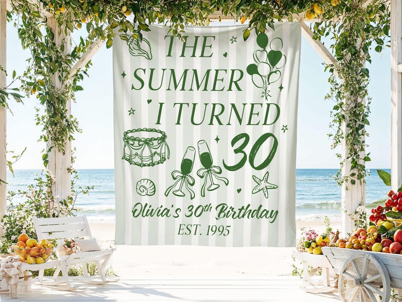 Summer Birthday Banner, Custom 30th Birthday Backdrop, The Summer I Turned 30 Sign, Party Decoration, Personalized Birthday Decor