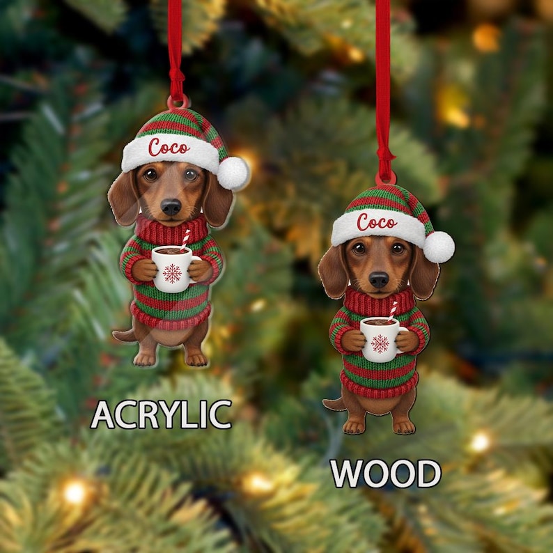 Personalized Dachshund Christmas Ornament Custom Name Dog Holiday Decoration with Sweater & Santa Hat