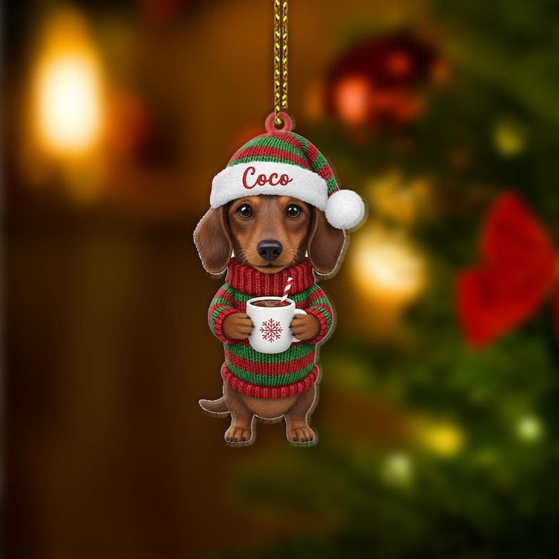 Personalized Dachshund Christmas Ornament Custom Name Dog Holiday Decoration with Sweater & Santa Hat