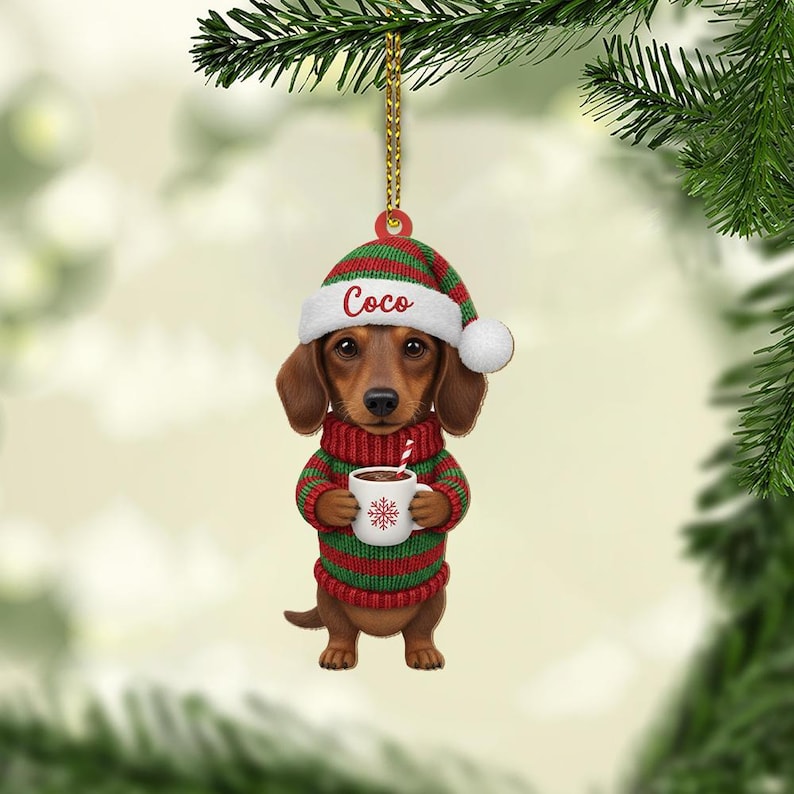Personalized Dachshund Christmas Ornament Custom Name Dog Holiday Decoration with Sweater & Santa Hat