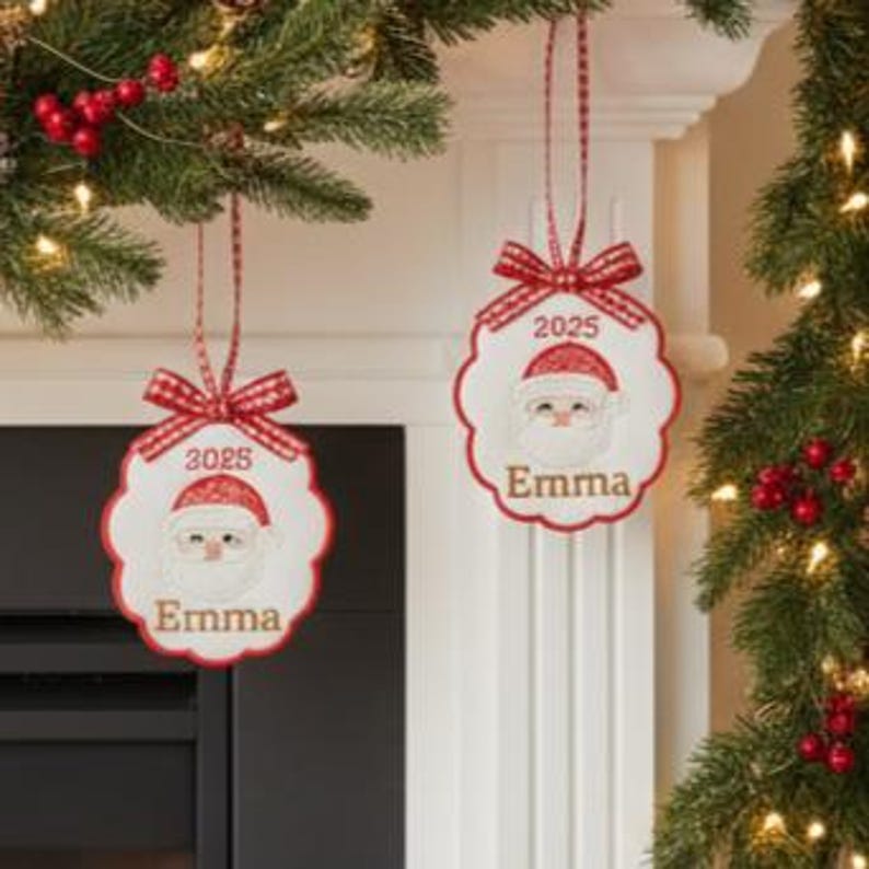 Custom Embroidered Christmas Ornament, 2025 Ornament, Scallop Stork Baby's First Christmas Ornament, Personalized pregnancy announcement