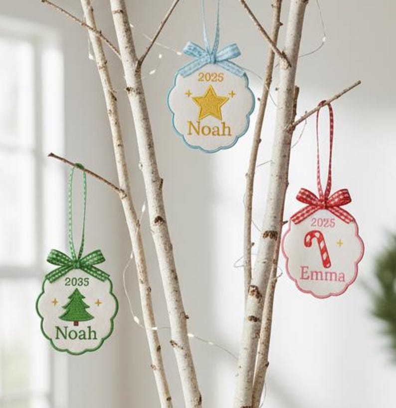 Custom Embroidered Christmas Ornament, 2025 Ornament, Scallop Stork Baby's First Christmas Ornament, Personalized pregnancy announcement