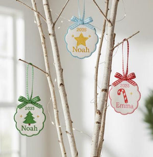 Custom Embroidered Christmas Ornament, 2025 Ornament, Scallop Stork Baby's First Christmas Ornament, Personalized pregnancy announcement