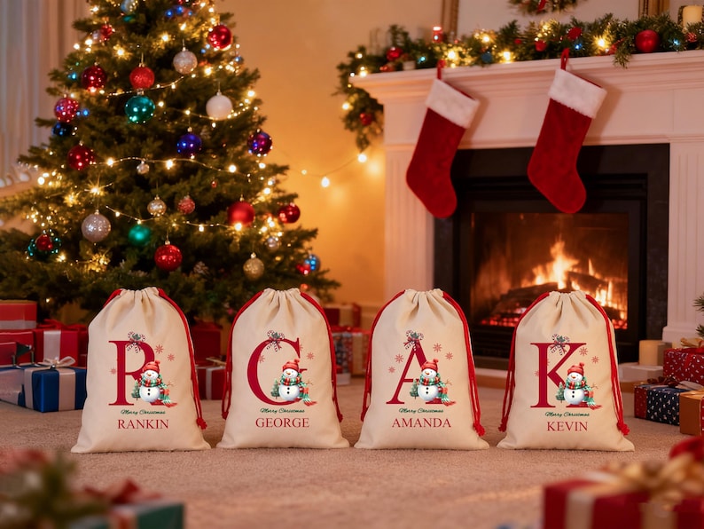 Custom Santa Sack | Thick Canvas Personalised Christmas Present Gift Bag for Him Her Kids Adults | Add Name Initial Xmas Stocking