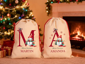 Custom Santa Sack | Thick Canvas Personalised Christmas Present Gift Bag for Him Her Kids Adults | Add Name Initial Xmas Stocking