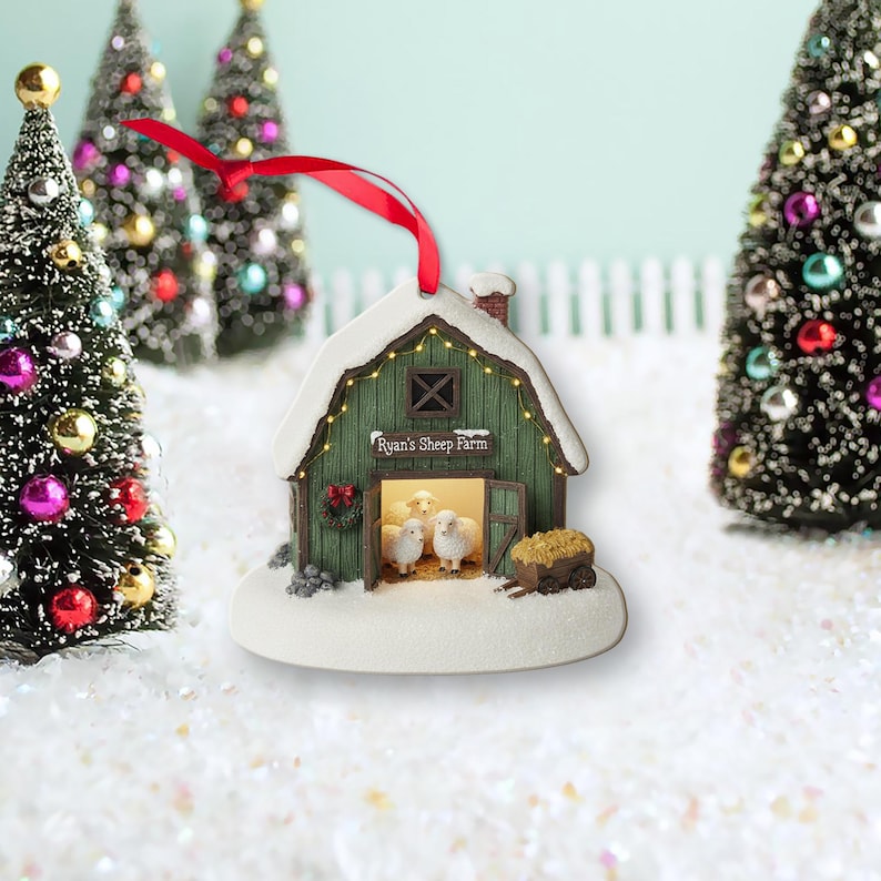 Personalized Sheep Farm Christmas Ornament Rustic Barn Holiday Decor