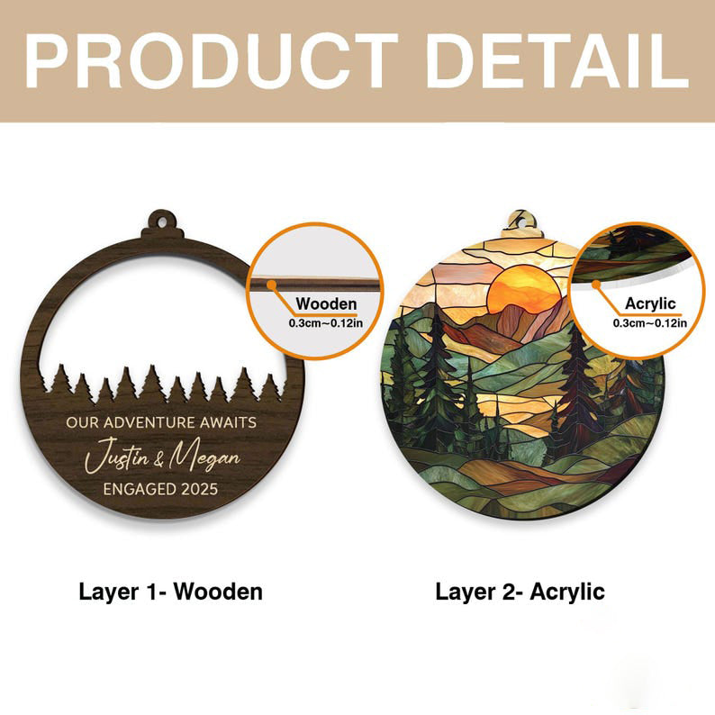 Personalized Mountains Landscape Suncatcher Ornament,Our Adventure Awaits Engaged Ornament,Engaged Gift For Couple,Couple Christmas Ornament