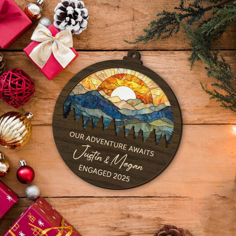 Personalized Mountains Landscape Suncatcher Ornament,Our Adventure Awaits Engaged Ornament,Engaged Gift For Couple,Couple Christmas Ornament