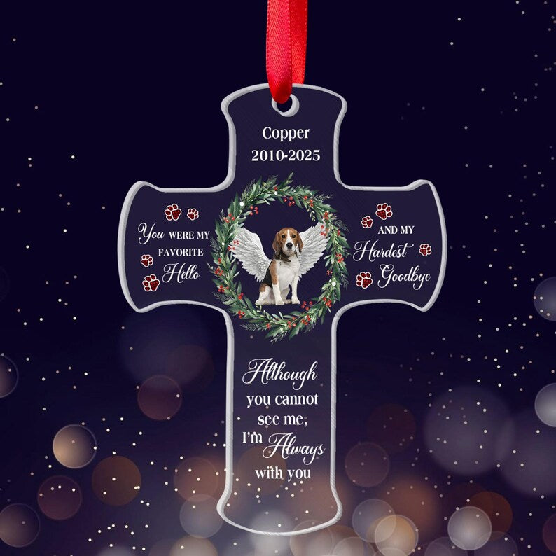 Pet Memorial Cross Ornament Personalized Dog Loss Gift with Photo, Name & Years, Pet Remembrance Christmas Keepsake
