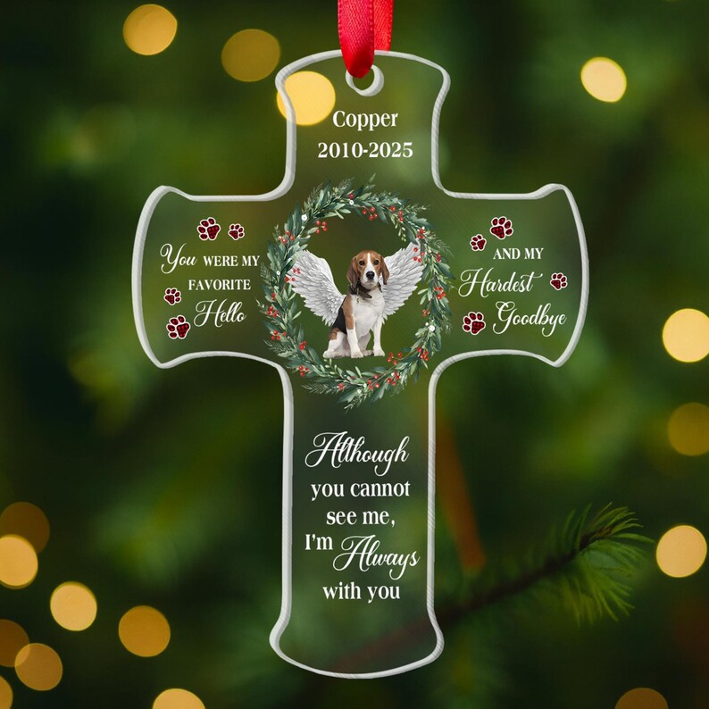 Pet Memorial Cross Ornament Personalized Dog Loss Gift with Photo, Name & Years, Pet Remembrance Christmas Keepsake